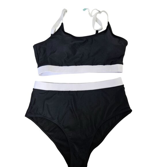 Womens XL High Waisted Bikini Set Colorblock Design Black & White Beach Vacation - Picture 5 of 11